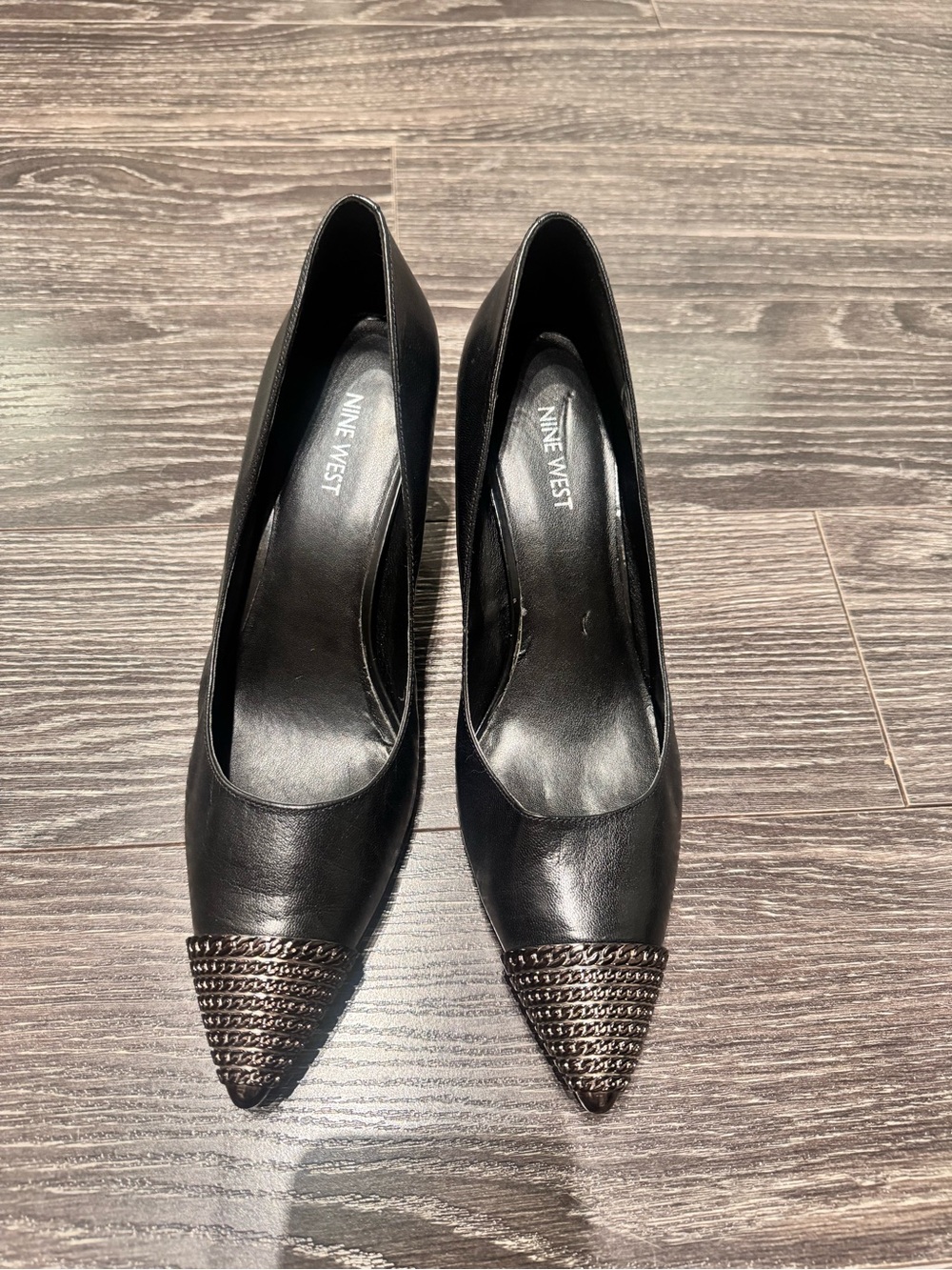 NINE WEST pointed metallic toe Classic PUMPS black leather size 10